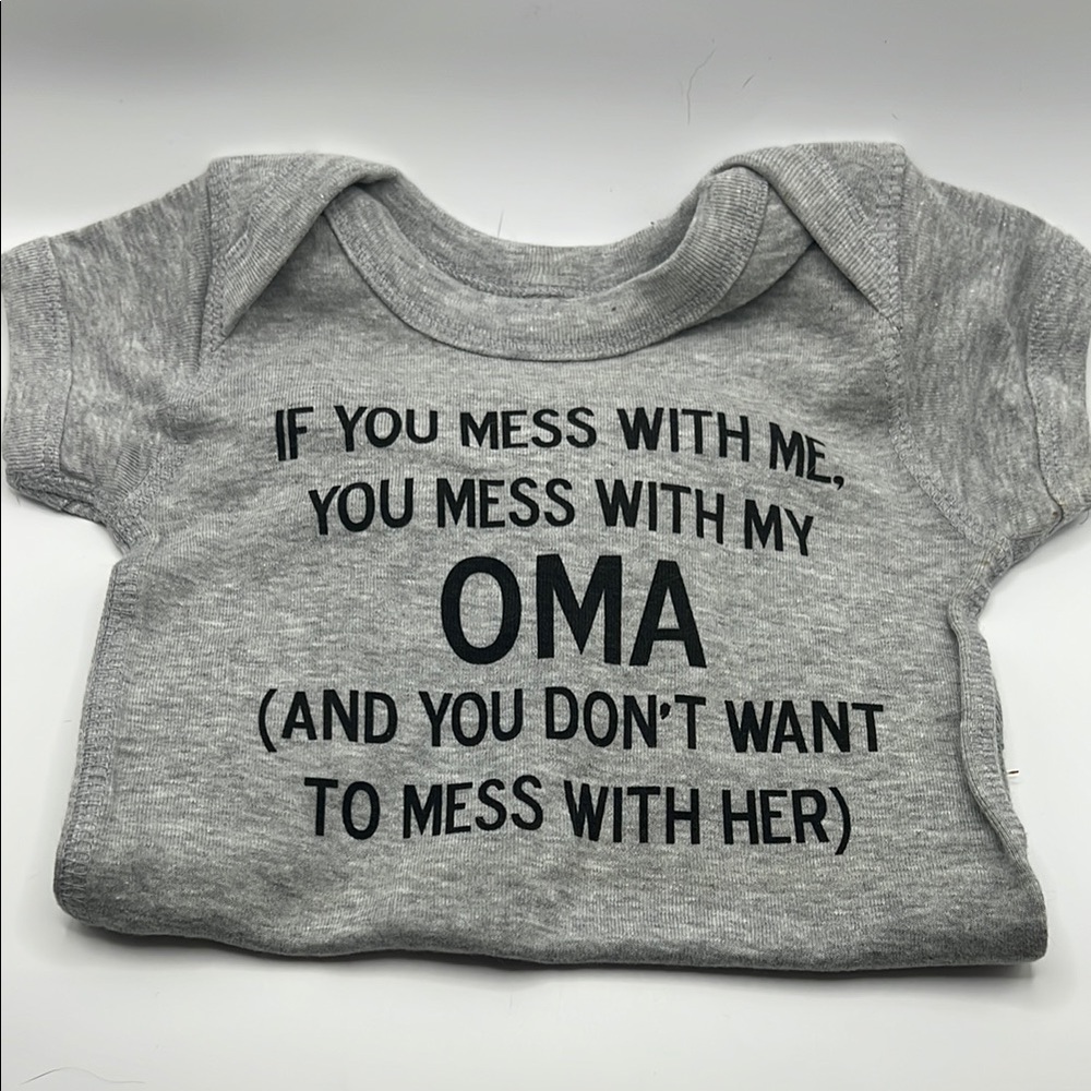 NWOT Gray Baby Onesie with OMA Print